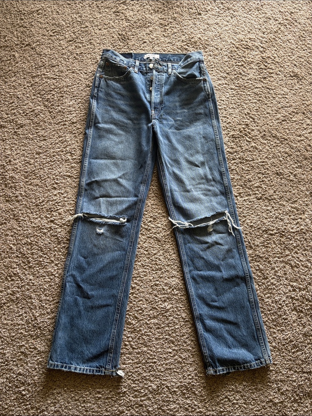 Re/Done Distressed Blue Straight-Leg Jeans